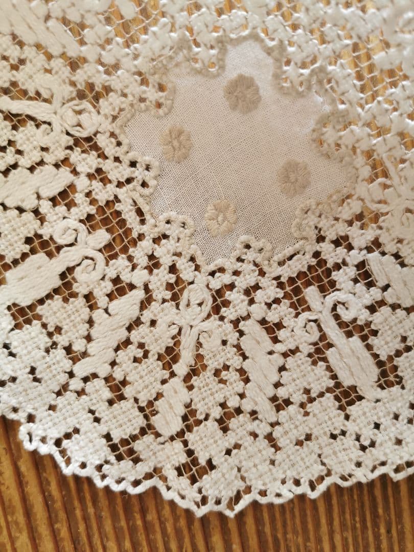 アンティークイタリア ノッテドメッシュ 男女の輪 ニードルワーク リネンドイリー