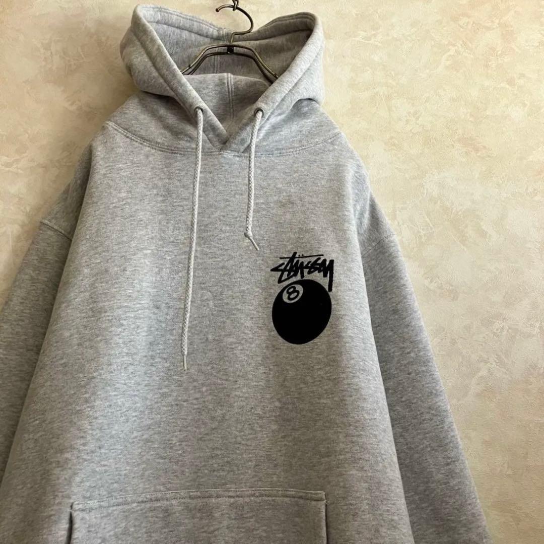 古着 ステューシー 両面ロゴ 8ボール パーカー グレー XL 裏地フリース