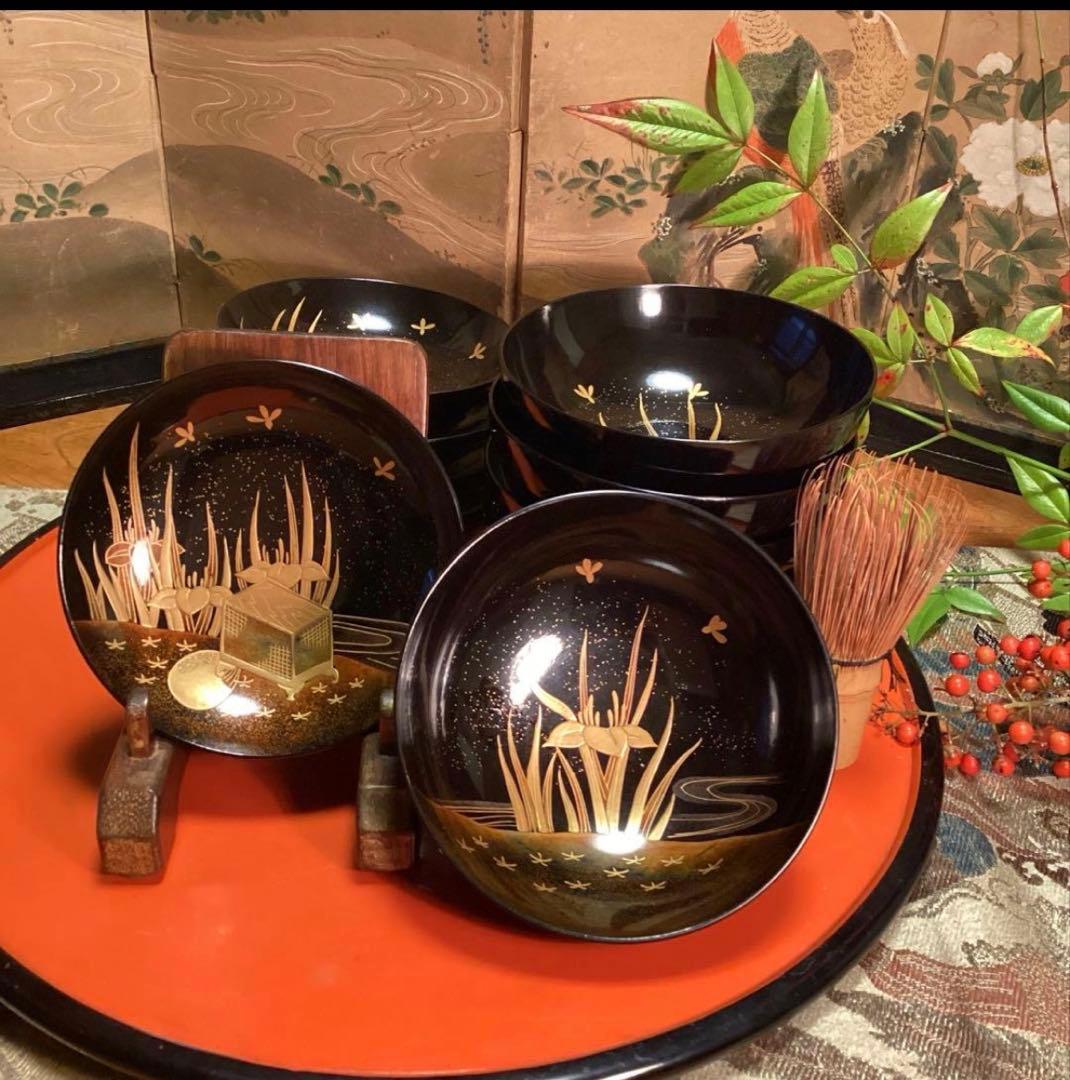 A1060 木製輪島塗　懐石道具　衝羽根に流水菖蒲　蒔絵　2客