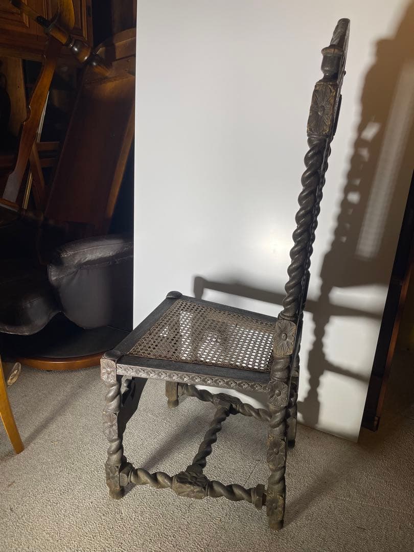 アンティーク ハイバックチェア 聖母子 天使 籐張り ヨーロッパ家具