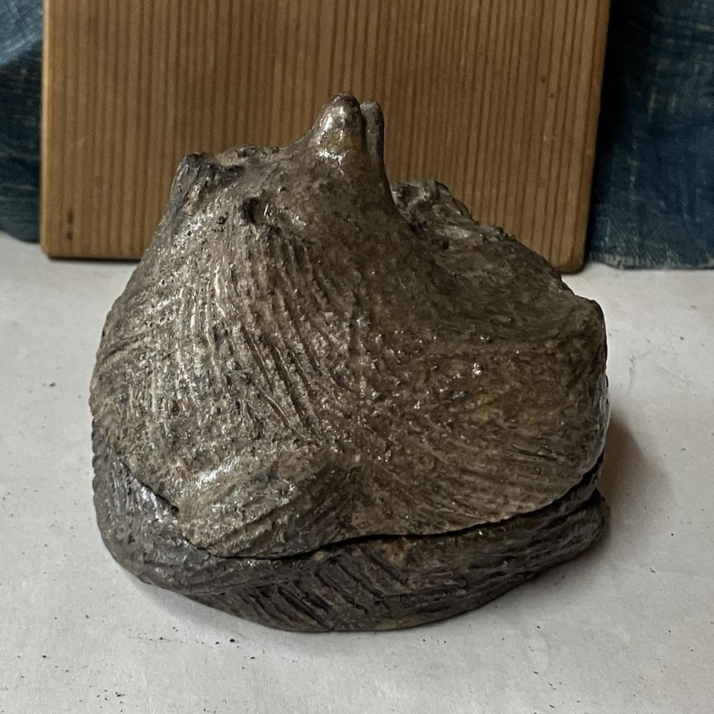 p031 古伊賀 狸 香合 木箱入り たぬき タヌキ 時代 茶道具