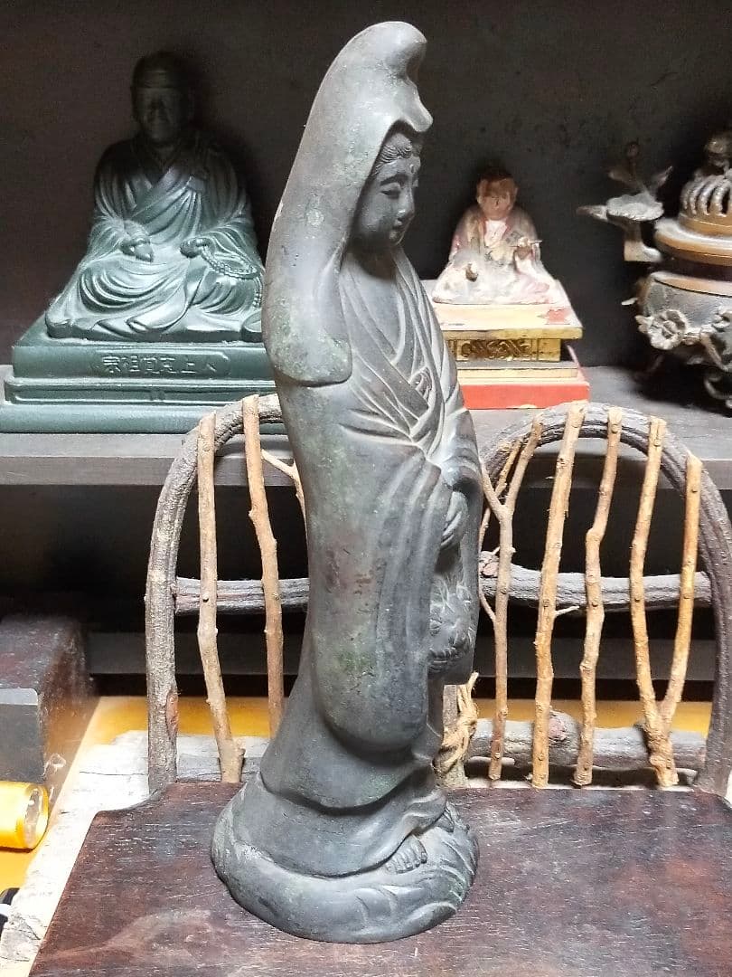 ♥☆彡　とても古い　銅製　観音像　立像　２　観音様　仏像　骨董　中国　レトロ