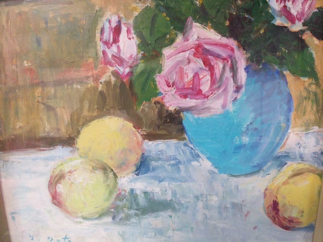 絵画シリーズNO9  油彩画 静物画  後藤 義考画伯   「バラと桃」 F6号