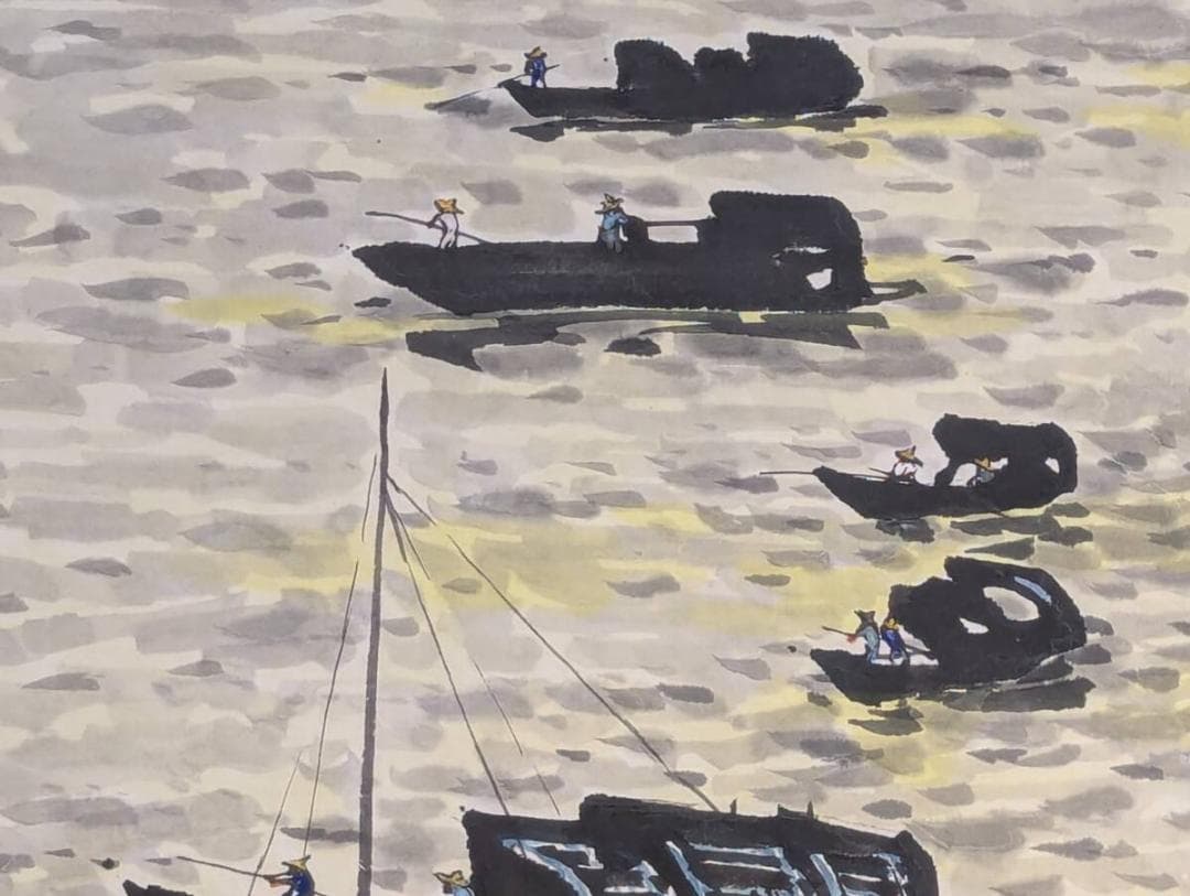 【真作】絵画　日本画6号　珠江　風情ある舟行の情景　優雅な水辺風景画　Y78