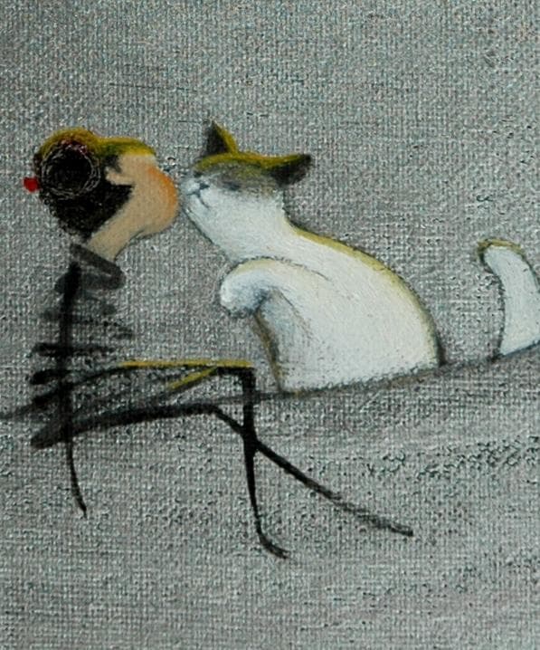 油絵 菅家令子 絵 絵画 インテリア 額付(黒) F3-031019子猫と女の子