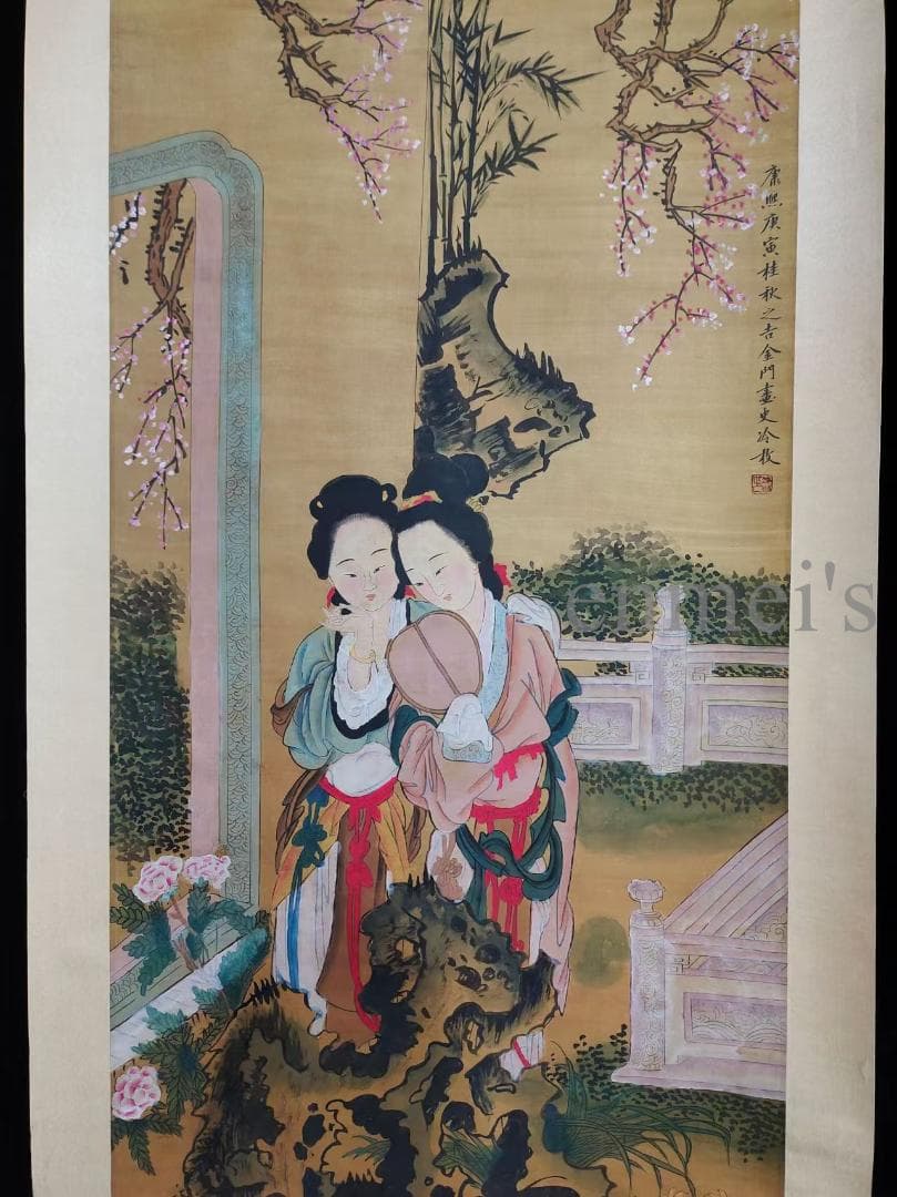 中国古美術 清代 冷枚作款 仕女図 水墨画 絹本 四尺 肉筆 文房置物 掛け軸