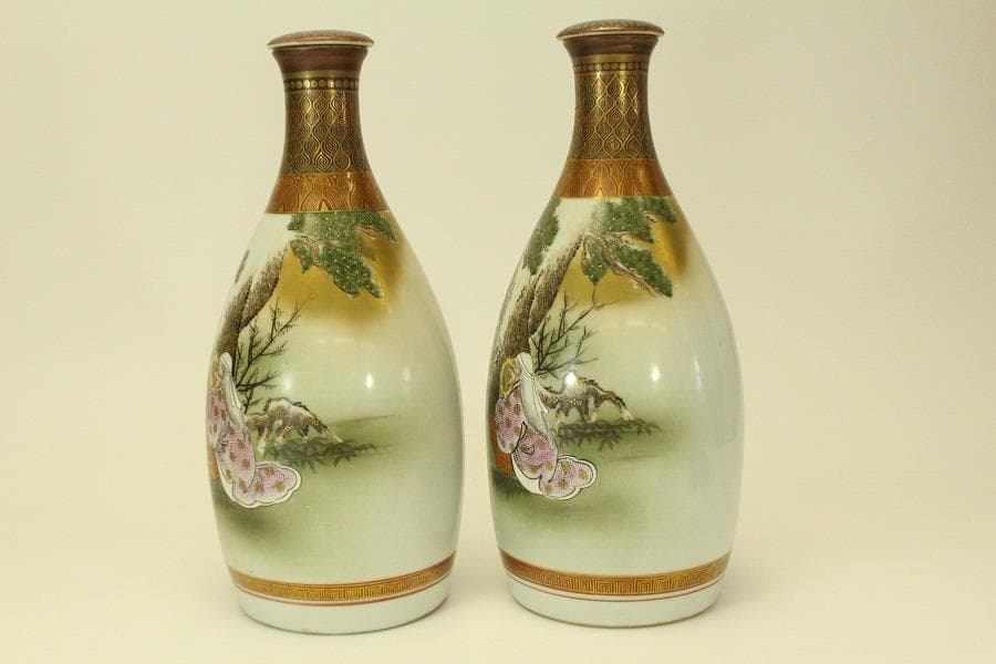 九谷 赤絵金彩 人物紋 徳利 瓶 一対 明治期(ZE587)