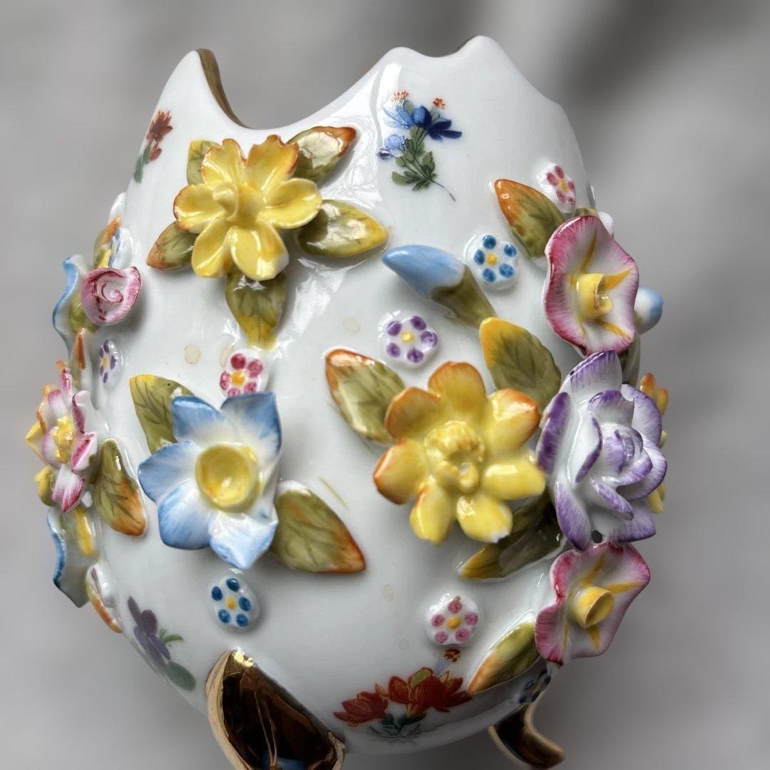 ドイツ ドレスデン風 陶器 花装飾 卵型 花器 金彩 脚付き ヴィンテージ