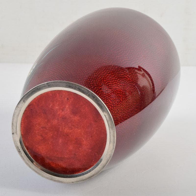 七宝焼　赤透釉　四君子文　花瓶　唐木台付　共箱　V　9132