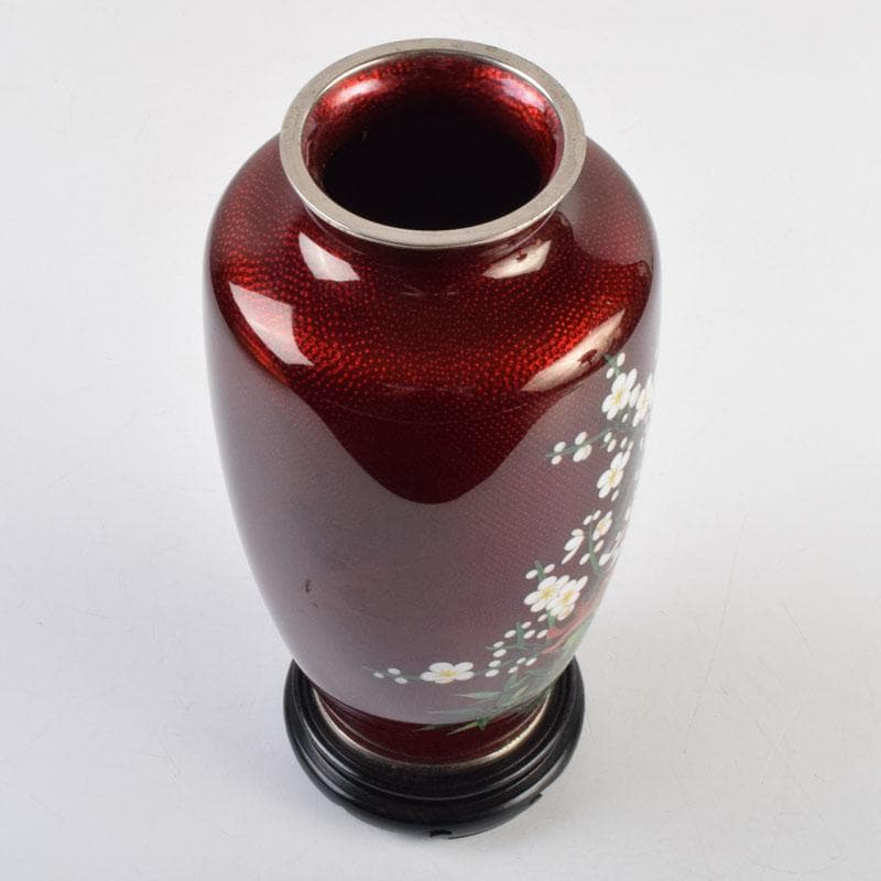 七宝焼　赤透釉　四君子文　花瓶　唐木台付　共箱　V　9132