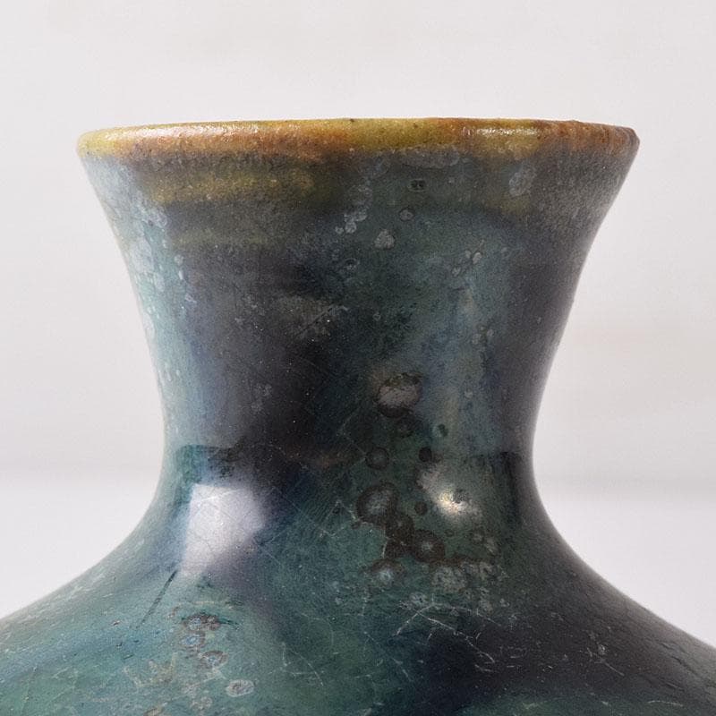 尾張瀬戸焼　加藤宇助作　黒緑釉　壷　書付時代箱　V　R8352