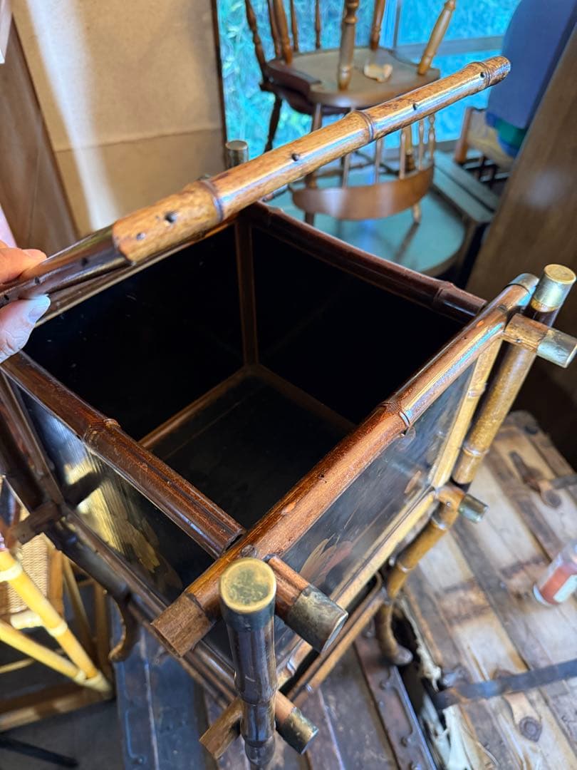 明治期 竹細工 蒔絵風パネル付 手焙り箱 花台 飾り棚