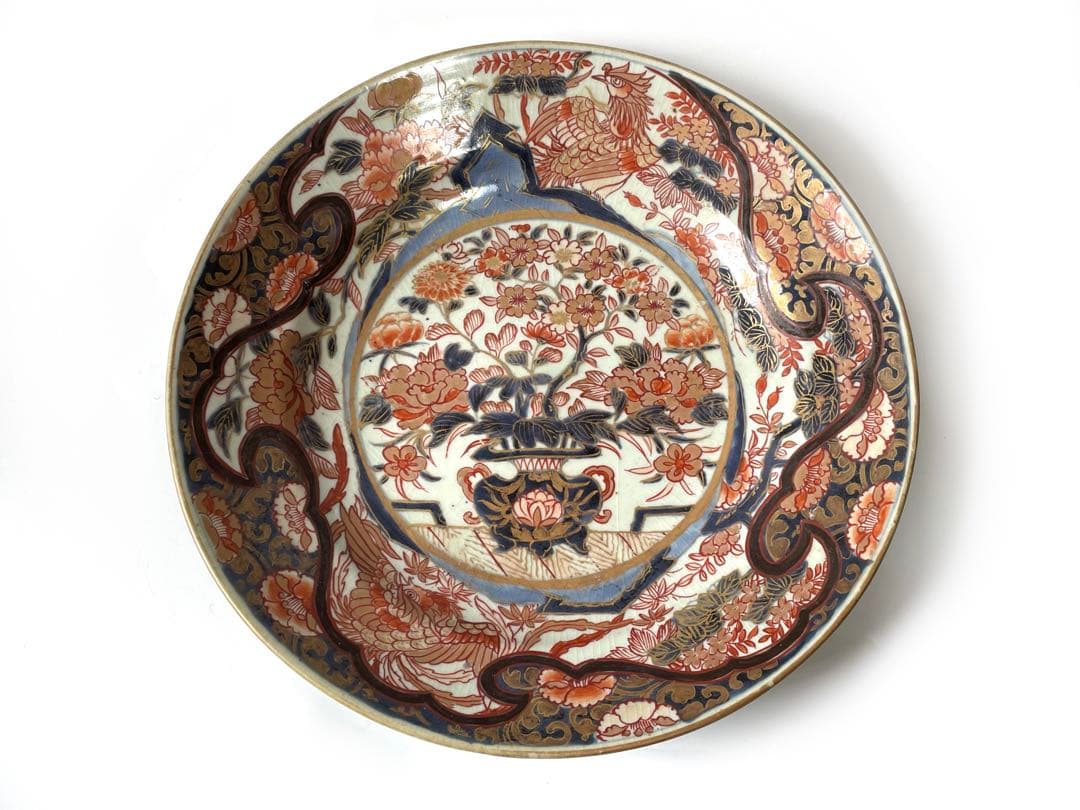 アンティーク　骨董　古伊万里　輸出伊万里　色絵　花瓶文　大皿　尺皿　飾り皿　金襴