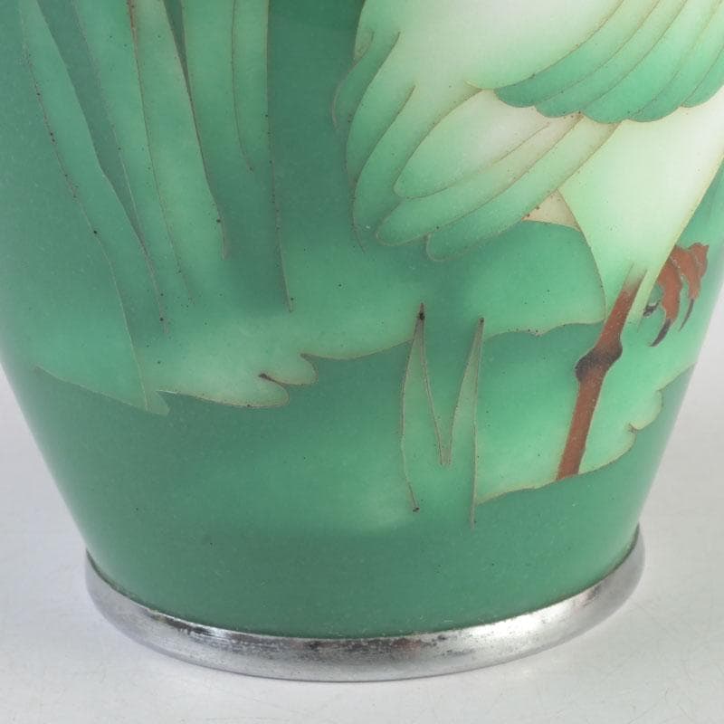 七宝焼　緑釉　双鳥文　花瓶　唐木台付　共箱　V　9586