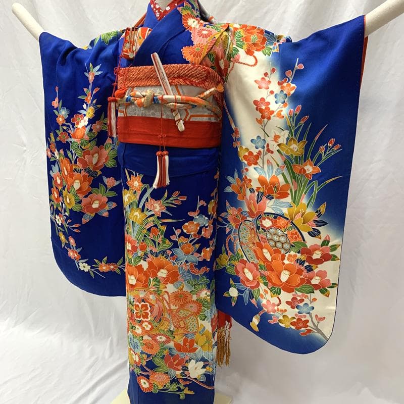 512ag23□七五三 七歳 女児 着物&袋帯 鼓 花文 青白□状態良好