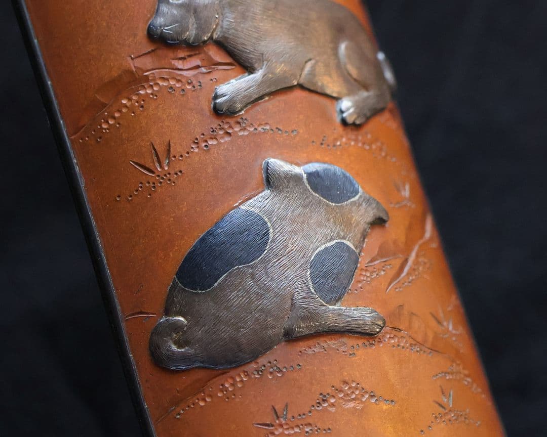 【MB20】煎茶道具 杉本儀助(作) 素銅内銀張 高肉象嵌 仔犬 茶合 金工