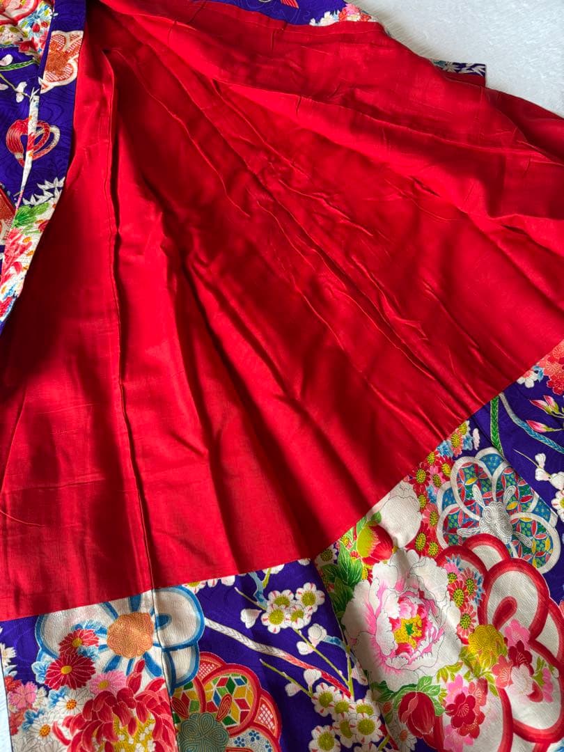 七五三に★正絹青紫色に八重梅　四季花々　五歳、七歳の着物セット