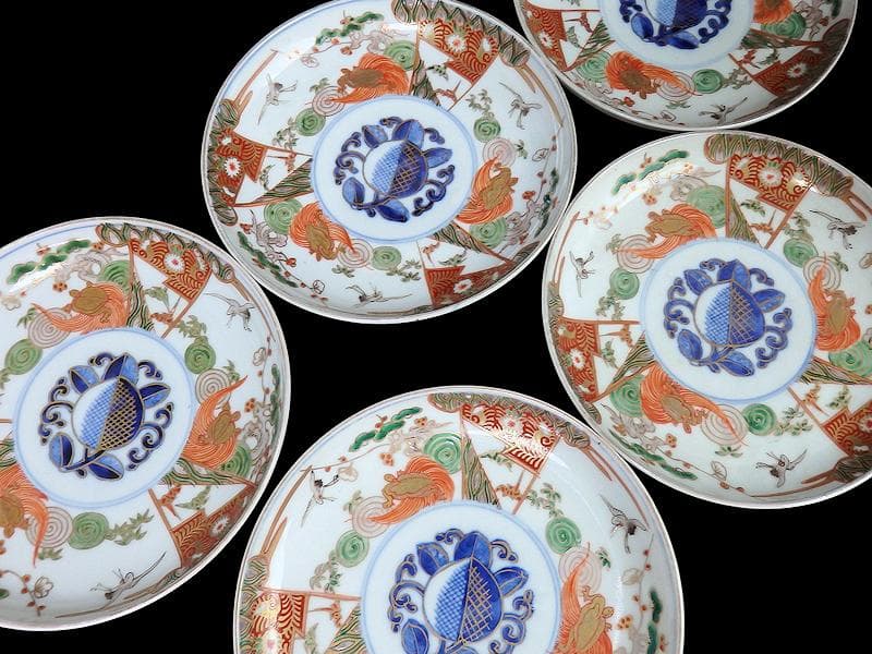 古伊万里　金襴手　松竹梅に鶴亀の図　５寸半皿　５枚　A915AS-CXd