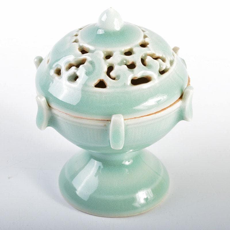 中国　高麗青磁　雷文　香炉　透かし火屋　時代箱付　V　R4587