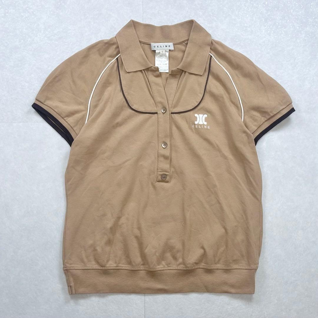 【美品】CELINE ロゴ刺繍 ポロシャツ キャメル サイズL