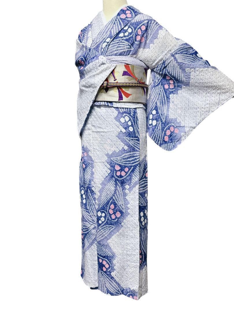 A57美品　有松鳴海絞り 高級浴衣 花 綿　敷当付き　手縫い