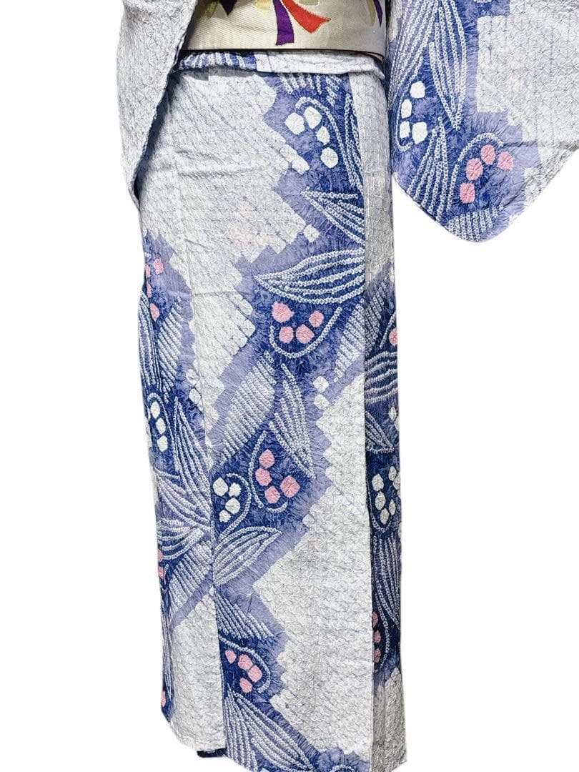 A57美品　有松鳴海絞り 高級浴衣 花 綿　敷当付き　手縫い