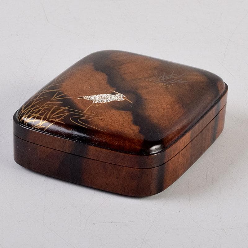 shellkid　井筒鳳斎　内金箔黒柿長四方香合鷺に芦　共箱　V　9126