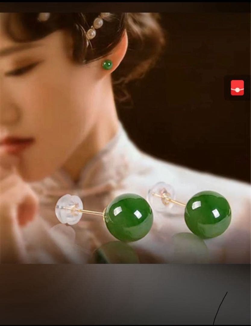 新品 18k使用の天然和田玉翡翠グリーン碧玉ラウンドのピアス D10117