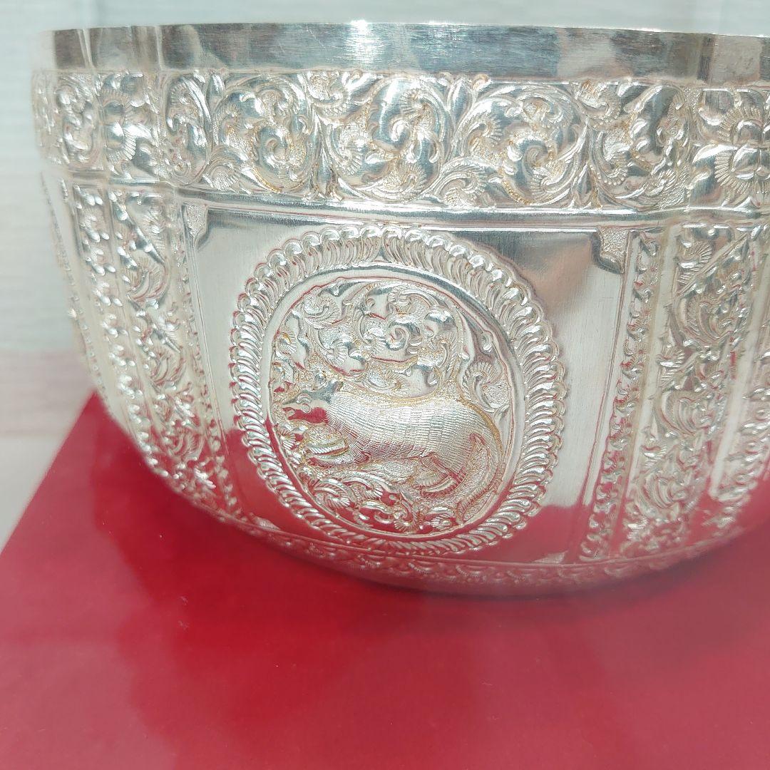 ケ*ン様 銀杯 銀細工 銀製ボウル 直径約21cm ラオス 1997年 ガラスケ