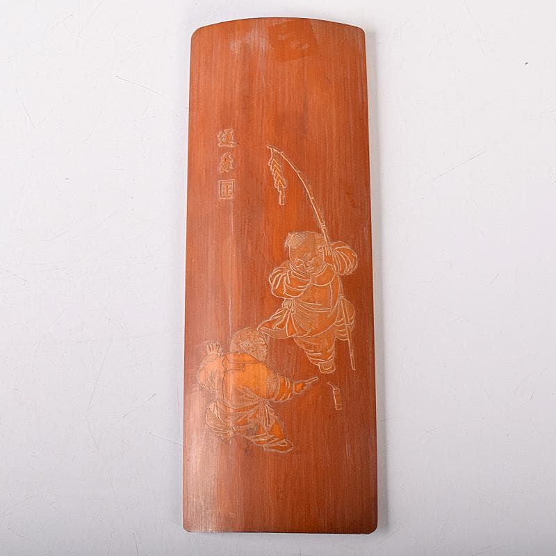 中国　古竹細工　唐子彫　茶合　腕鎮　臂擱　在銘　C　8332E