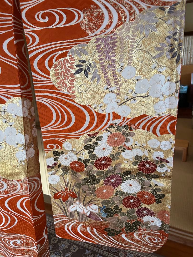 振袖 オレンジ 波模様 花柄　金