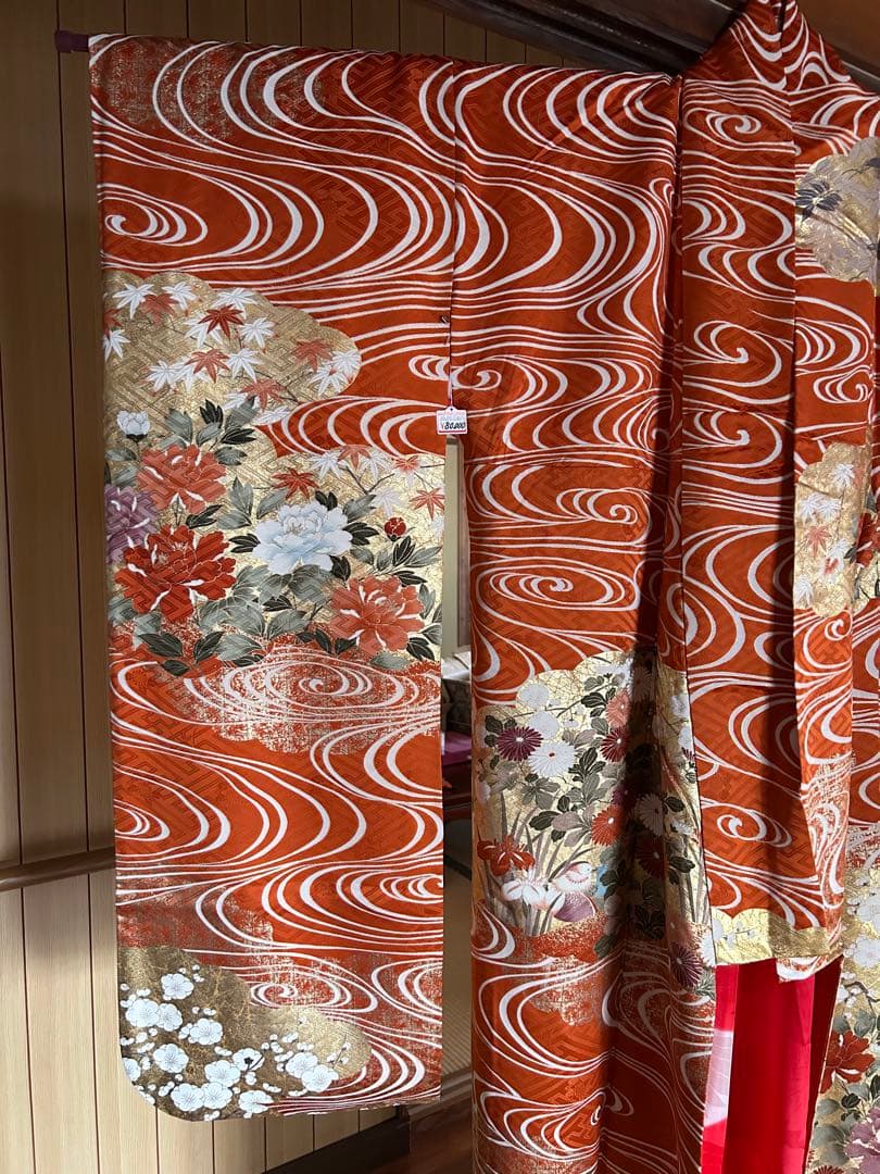 振袖 オレンジ 波模様 花柄　金