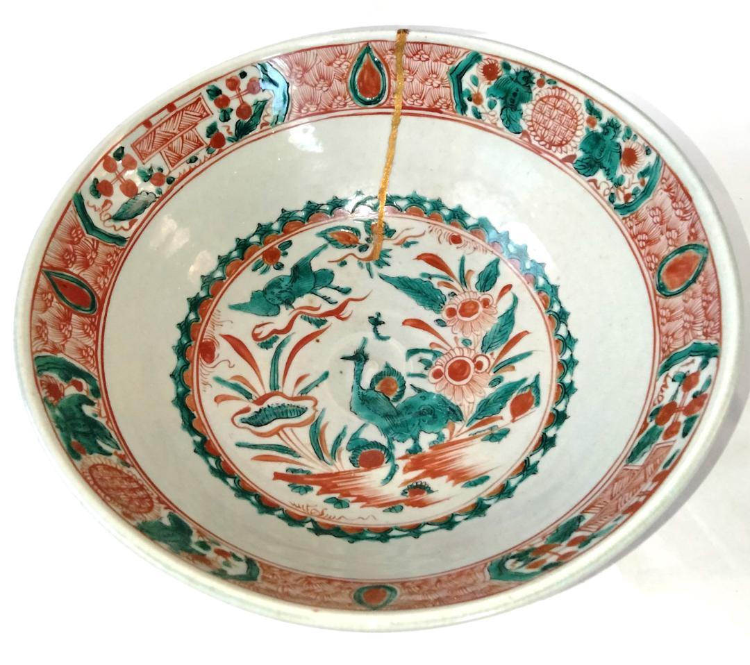 陶器 大深鉢 赤絵 福・壽・禄 Ab-168