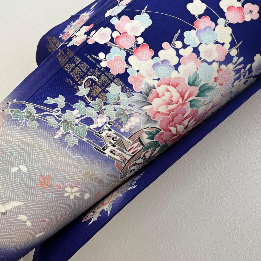 456 振袖フルセット 正絹 紺 青 ブルー ピンク 桃 金彩 暈し染め 華やか