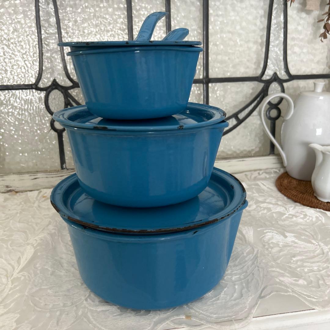 フランスアンティーク ホーロー ミルクパン ソースパン 片手鍋 蓋付 3点セット