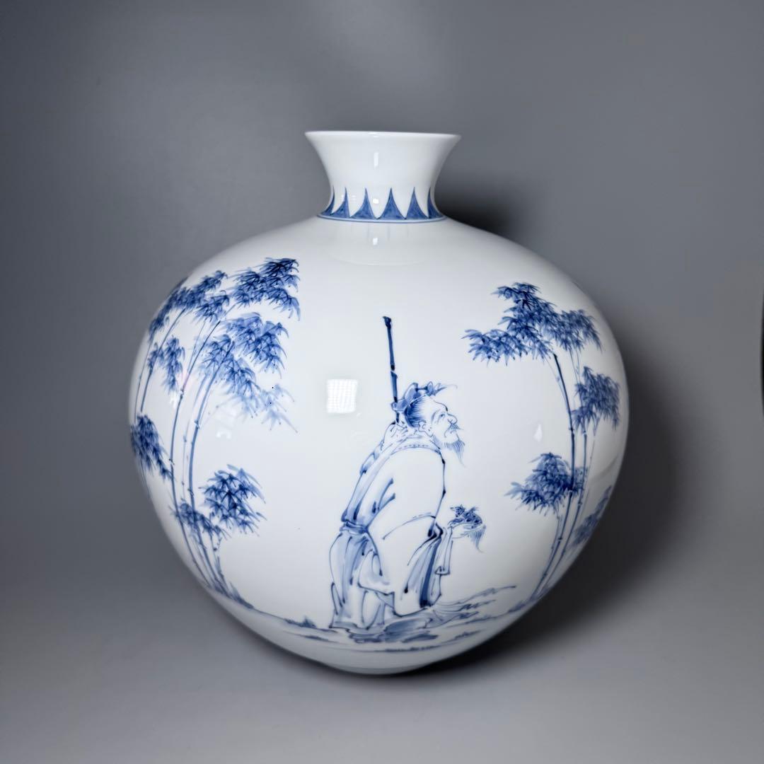 人間国宝　井上萬二　染付竹林賢人図花瓶　高32cm！　最高位大作　銘　萬二作