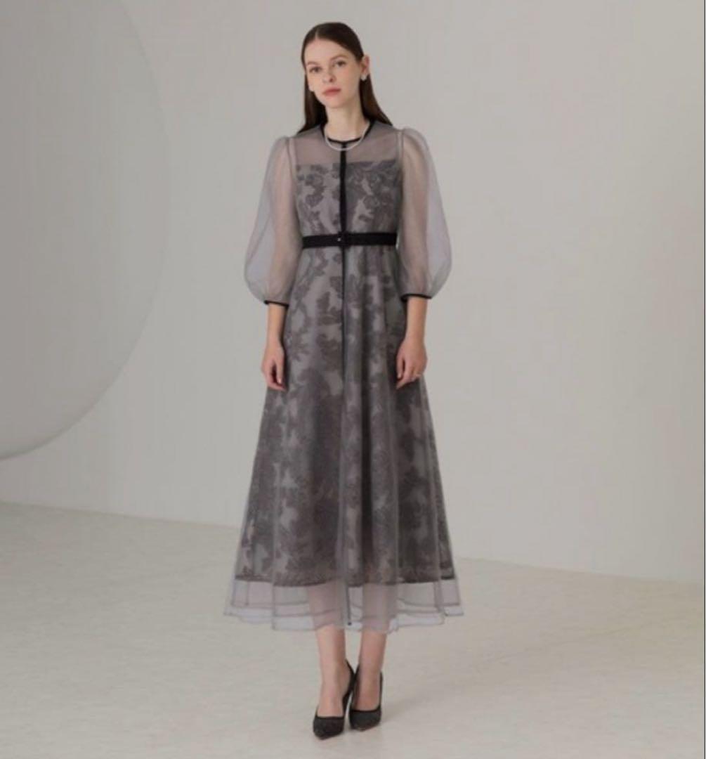 LEJA チュールパイピングリーフベルトAラインワンピースドレス