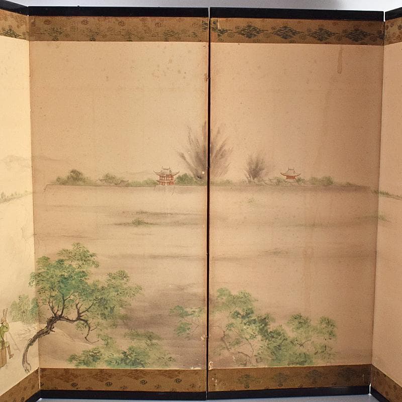 書画　支那事変　野砲戦図　小屏風　衝立　M　R7573B