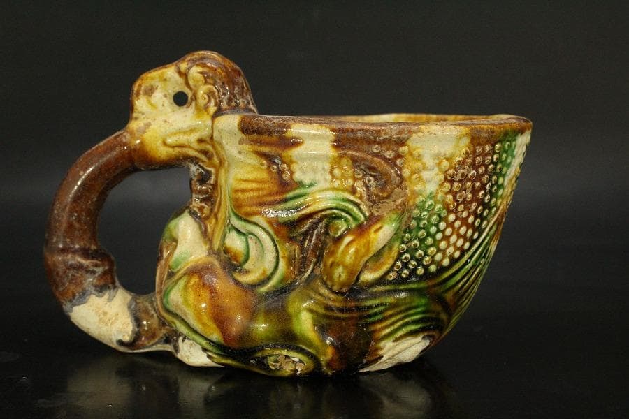 中国美術 唐三彩 獣面 杯 14cmx8cm(LC246)