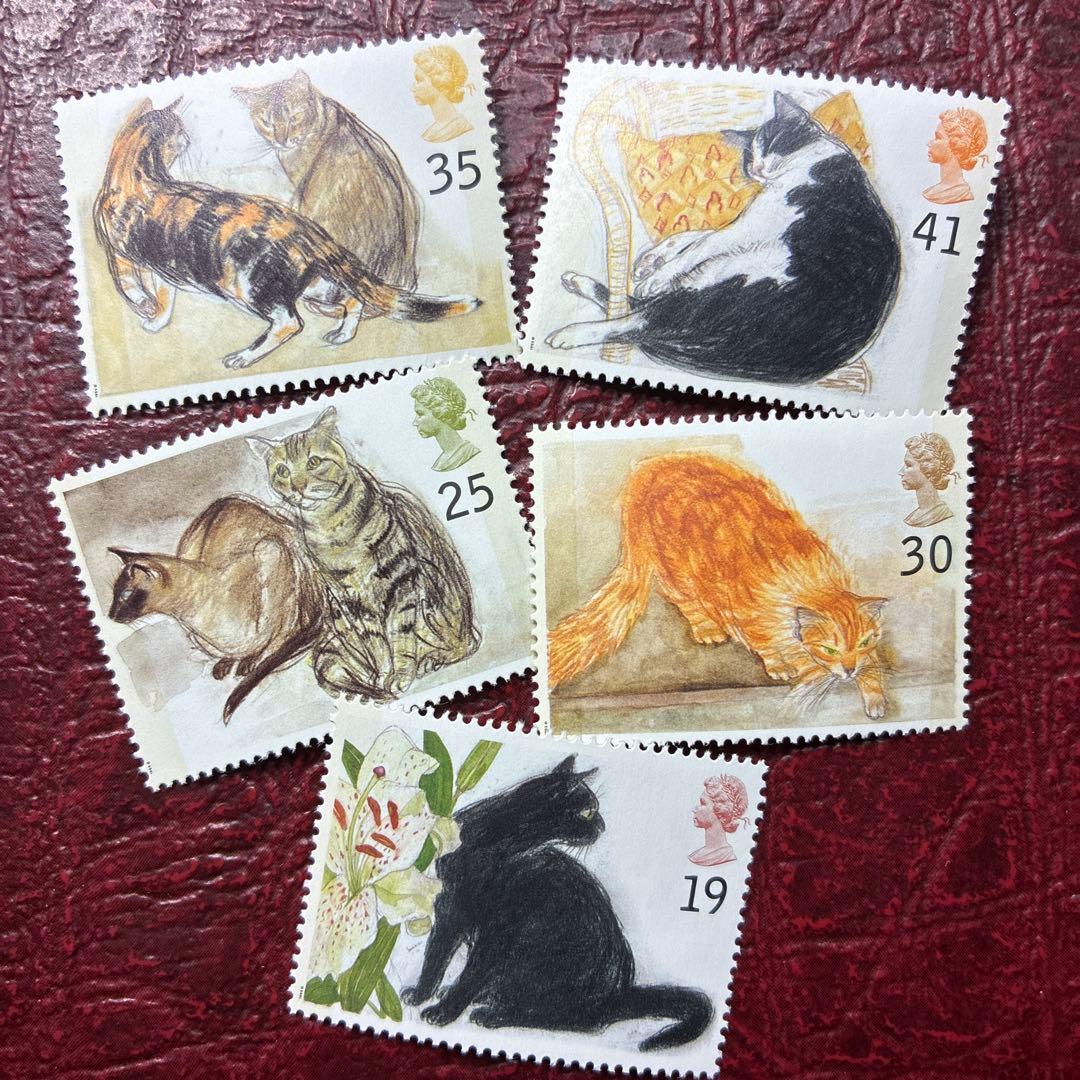 76842セール現品限　外国切手　イギリス発行ネコ5種揃