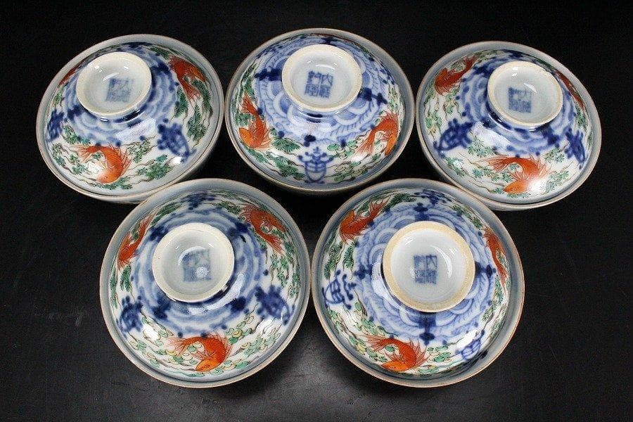 中国美術 彷古 五彩 藻草魚紋 蓋碗 乾隆款 五件 送料無料