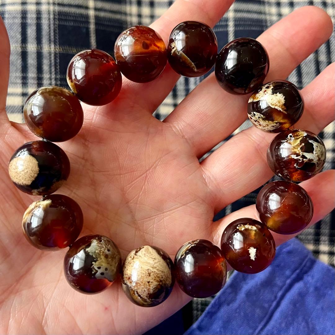高品質 琥珀 17mmブルー レッド アンバー ブレスレット 守護石 化石
