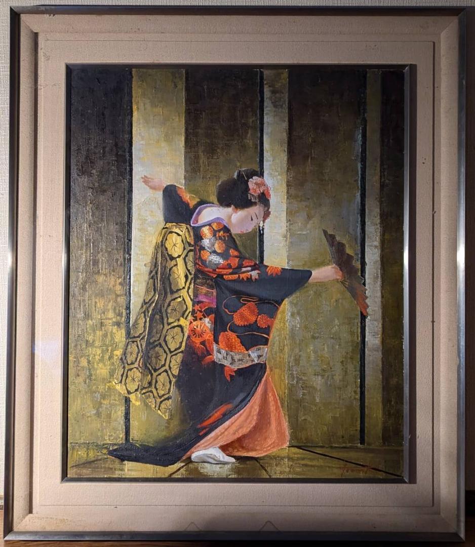 【真作】絵画　油彩12号　優雅な舞姿　着物美人　日本の伝統美　和の情景　V111