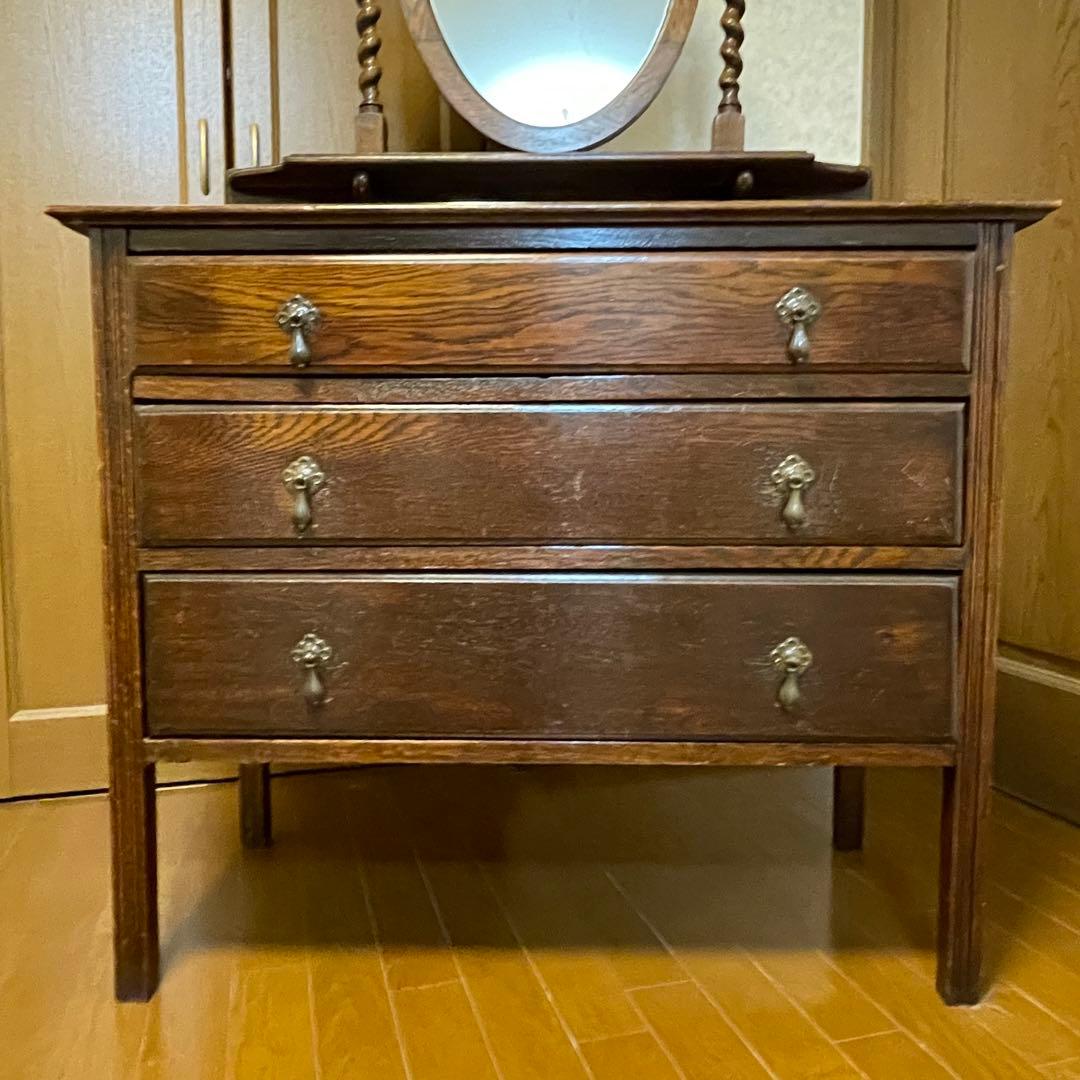 イギリスアンティーク　ミラー付きチェスト　オーク　柱ツイスト　3段引き出し