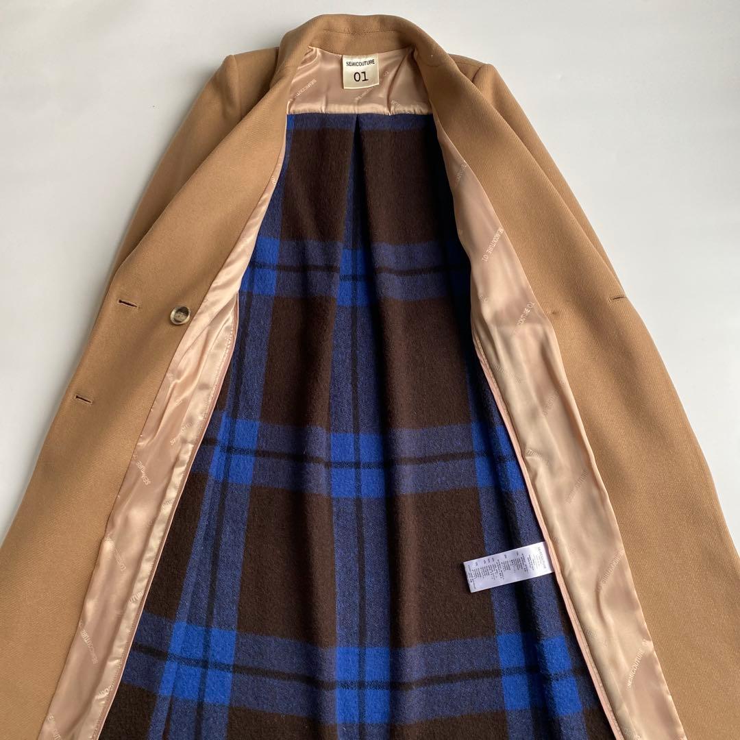 セミクチュール ダブルブレストチェスターコート チェック 青 ブルー ドッキング