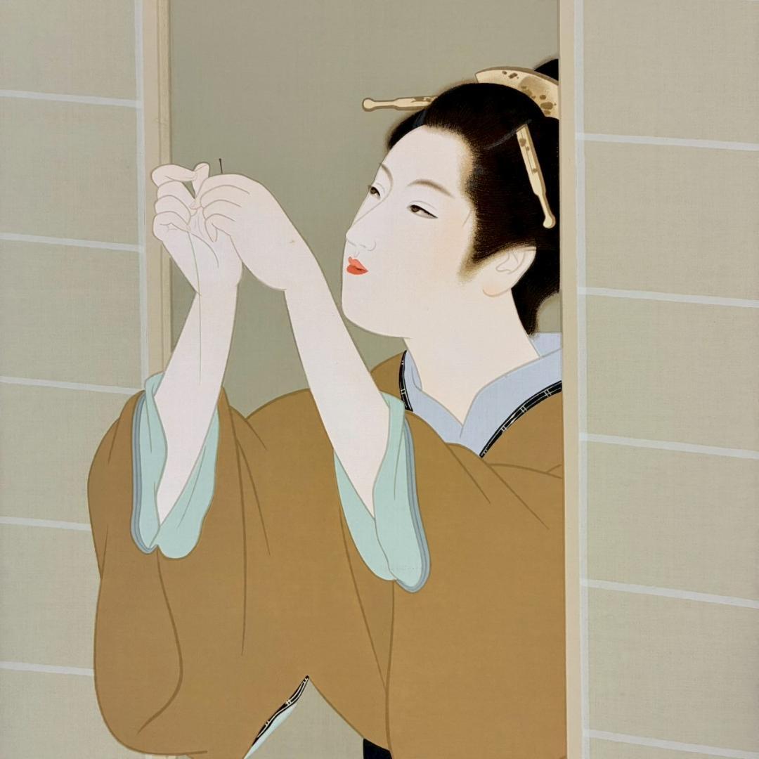 上村松園「夕暮」シルクスクリーン 絹本 上村淳之監修の証明シール有 近代美人画