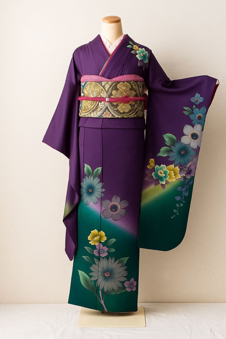 [美品] ヴィンテージ　本振袖　正絹　紫　緑　高身長　成人式　結婚式　礼装