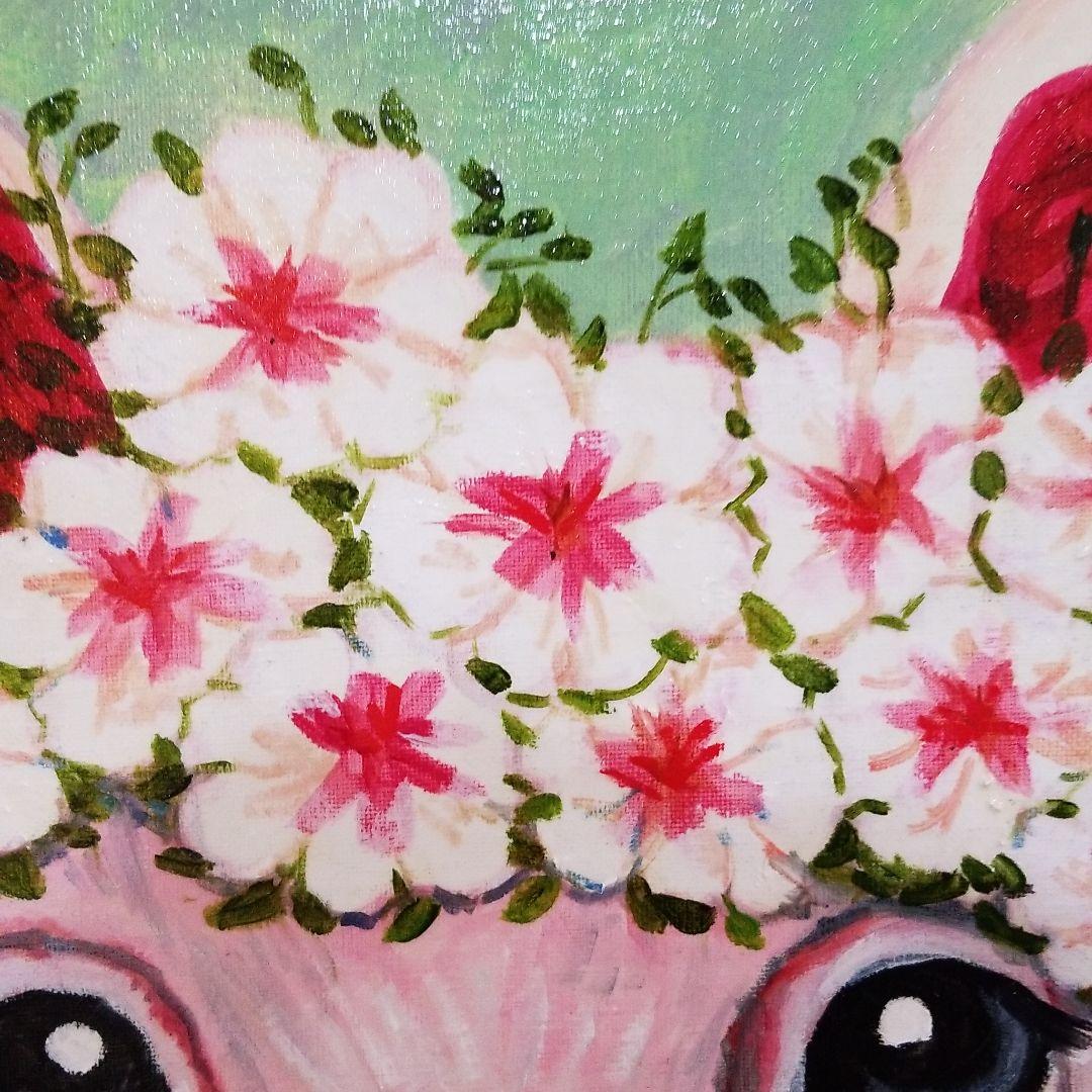 油絵　みーちゃん確認　頭に花をのせた豚