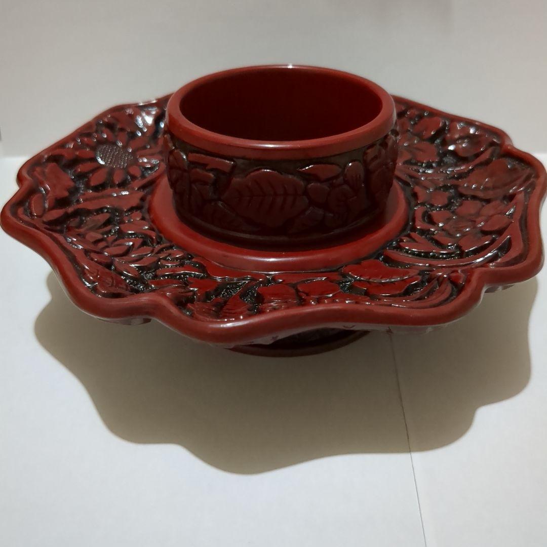 天目台　茶道　お茶の稽古 天目茶碗用　茶椀　えんじ色　彫り物