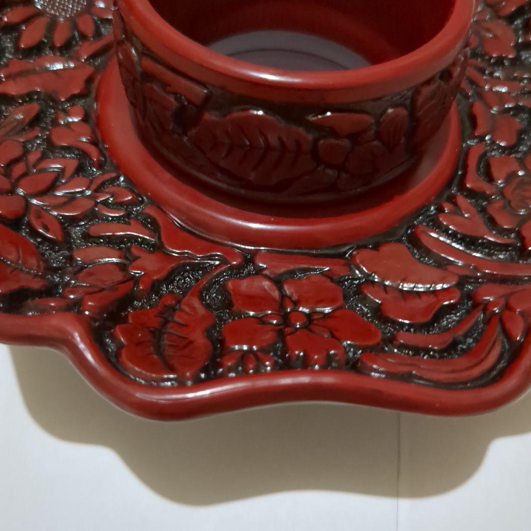 天目台　茶道　お茶の稽古 天目茶碗用　茶椀　えんじ色　彫り物